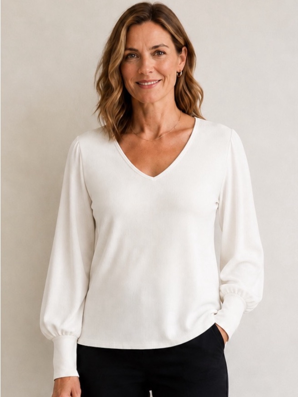 Vine & Love Cream V-Neck Long Sleeve Blouse